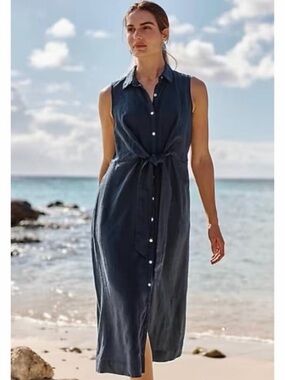 J. Jill Sleeveless Linen Button-Front Midi Dress in Navy NWT